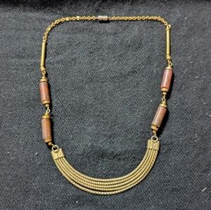 Gold Tone and Brown Wooden Beaded Curved Bar Bib Style Statement Necklace